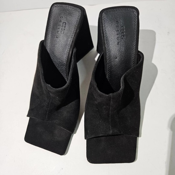 ASOS Design Nyla Heeled Mule Square Toe 8 Black Suede Slide Pump Sandal‎ - Picture 2 of 10